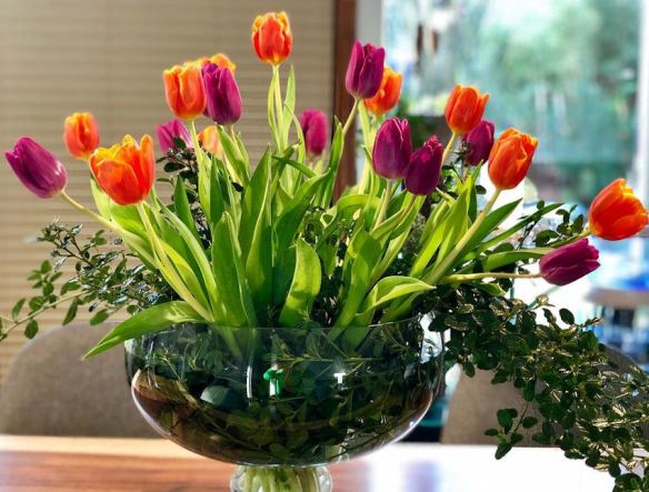 Glass Bowl with Orange & Purple Tulips