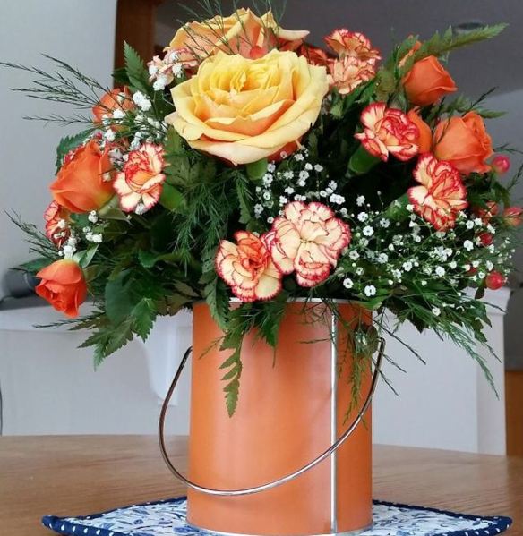 Paint Can with Peach Roses & Carnations