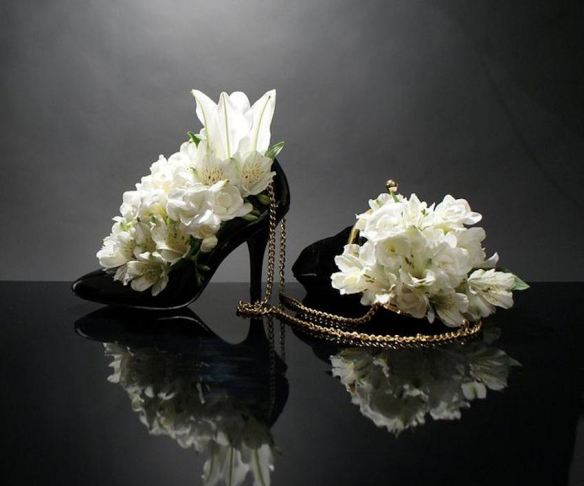 Black Stiletto Pump & Evening Bag with White Alstroemeria