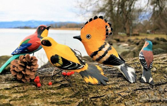 Painted Carved Wood Birds
