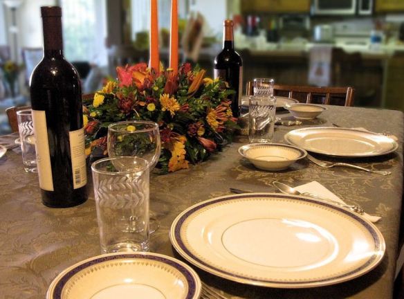 Traditional Thanksgiving Table with Wine & Flowers