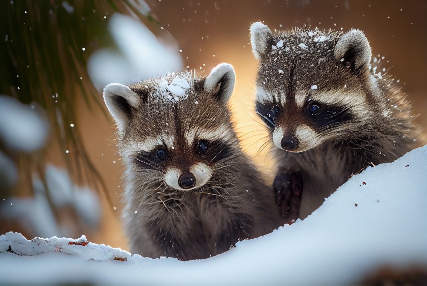 Baby Raccoons Playing in Snow